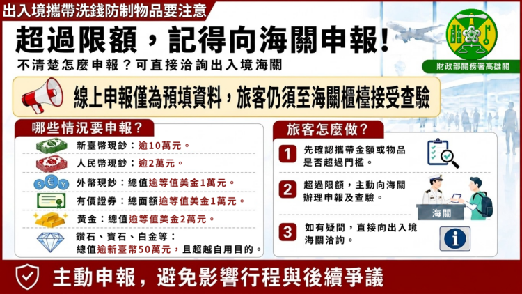圖說:財政部關務署高雄關提醒,旅客出入境攜帶超額現金或貴重物品,可先利用關港貿單一窗口完成線上預先申報。(圖/高雄關)