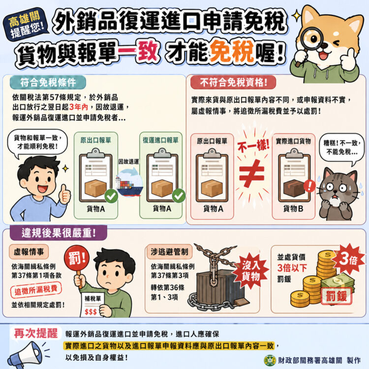 圖說:高雄關呼籲企業辦理復運進口前,應仔細確認貨物品項及相關報單內容,避免補稅及受罰。(圖/高雄關)